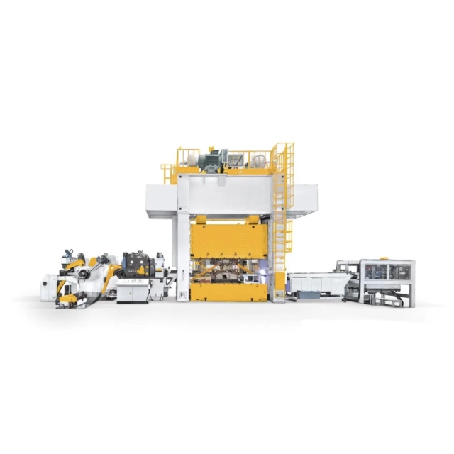 Linha de estampagem automática com máquina de alimentação e empilhador